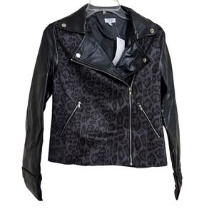 Tobi Womens Leopard Print Faux Leather Moto Jacket Black Grey Small FOJ14083I